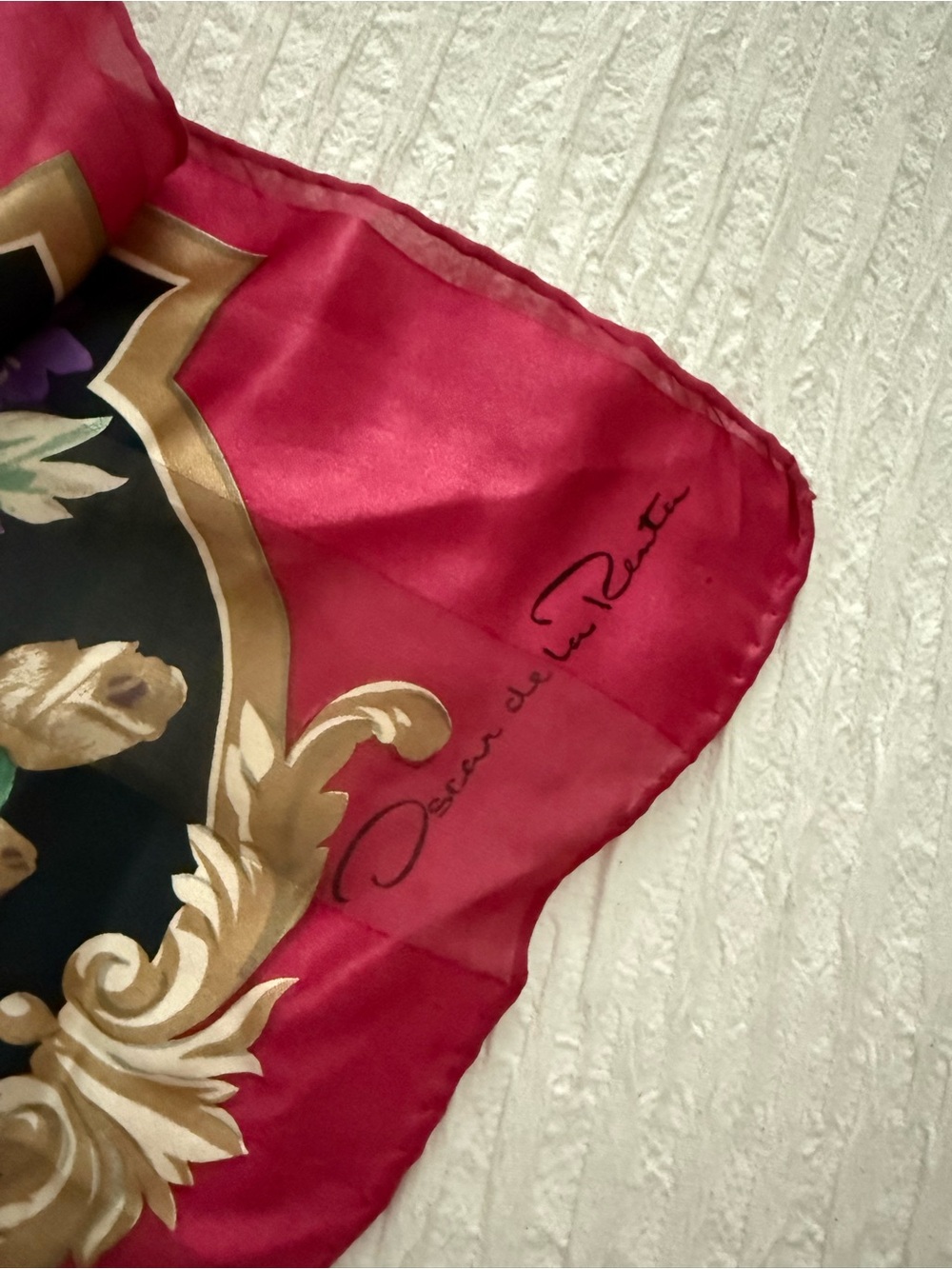 Oscar de la Renta Red, Black & Gold Silk Scarf with Floral Motif